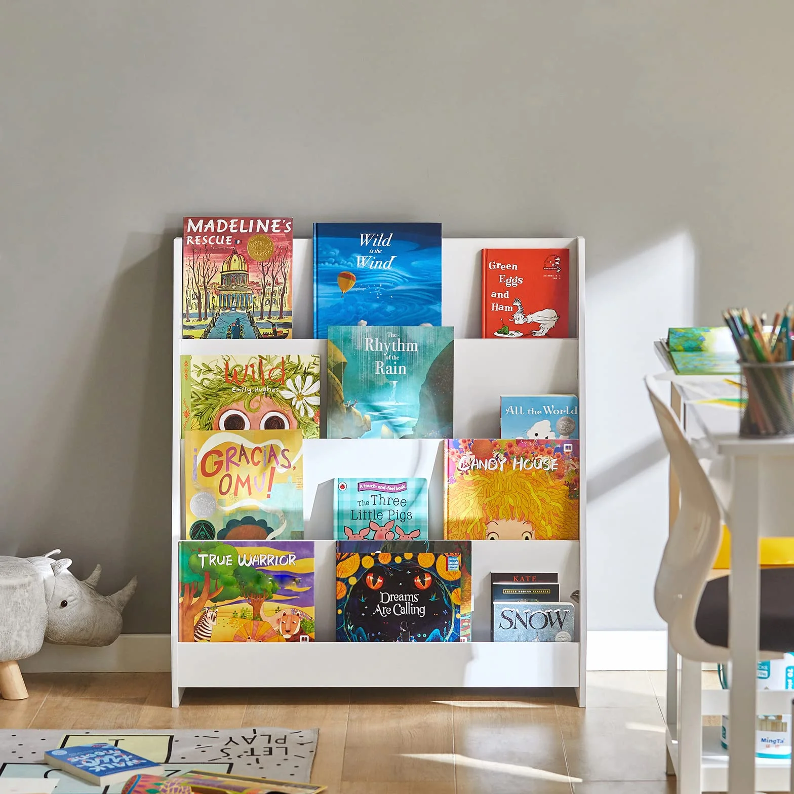 SoBuy Bücherregal Kinder Montessori Kinderregal mit 4 Ablagefächern Regal Kinderzimmer Spielzeug Aufbewahrung Büchergestell Hängefächerregal Weiß 80x88x30cm KMB32-W