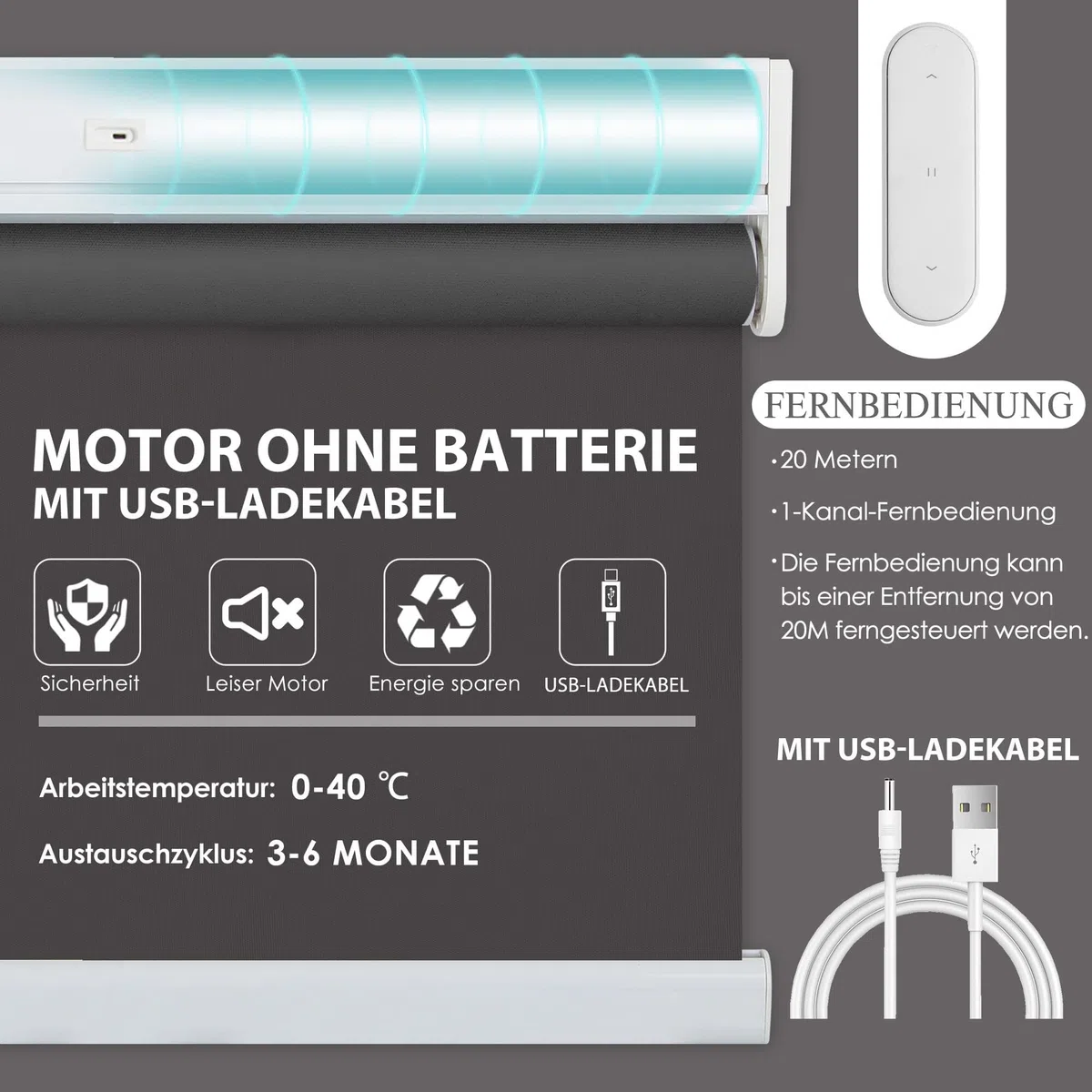 HOMEDEMO Elektrische Rollos Wiederaufladbare Verdunklungsrollo mit Motor & Fernbedienung, Dunkelgrau 45x100cm(BxH), Rollo Innen ohne Bohren klemmfix/mit Bohren, Smart Rollo mit Alexa kompatibel