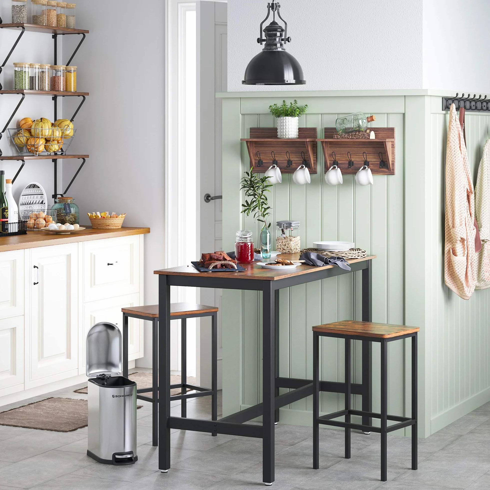 VASAGLE Bartisch-Set, Stehtisch mit 2 Barhockern, 120 x 60 x 90 cm, Küchentresen mit Barstühlen, Küchentisch und Küchenstühle im Industrie-Design, für Küche, vintagebraun-schwarz LBT15X
