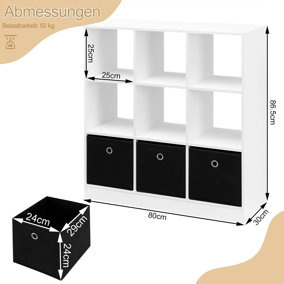 WOLTU Bücherregal Bücherschrank Standregal Würfelregal Aufbewahrungregal Raumteiler Büroregal, mit 9 Fächern 3 Schubladen aus Vliesstoff, für Wohnzimmer Schlafzimmer Büro, Weiß, SK041ws