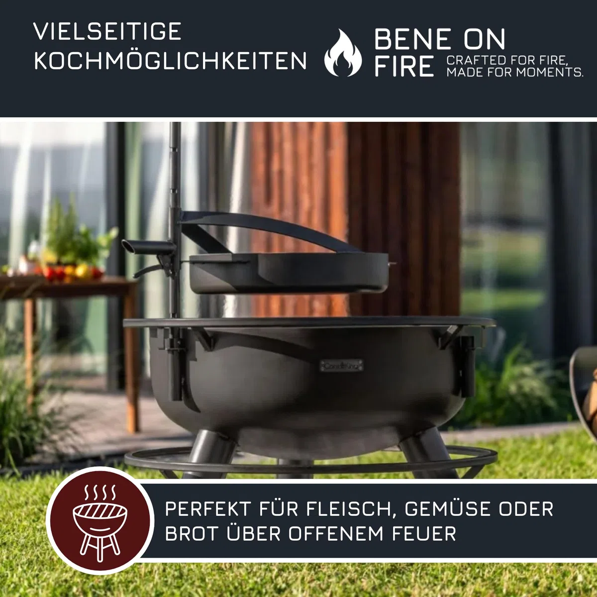 BENE ON FIRE Feuerschalen Grillpfanne Ø 50 cm mit Griff | Stahlpfanne schwarz 6,2 kg hitzebeständig stabil | zum Braten Rösten über offenem Feuer | Zubehör Feuerschalen Arizona Washington
