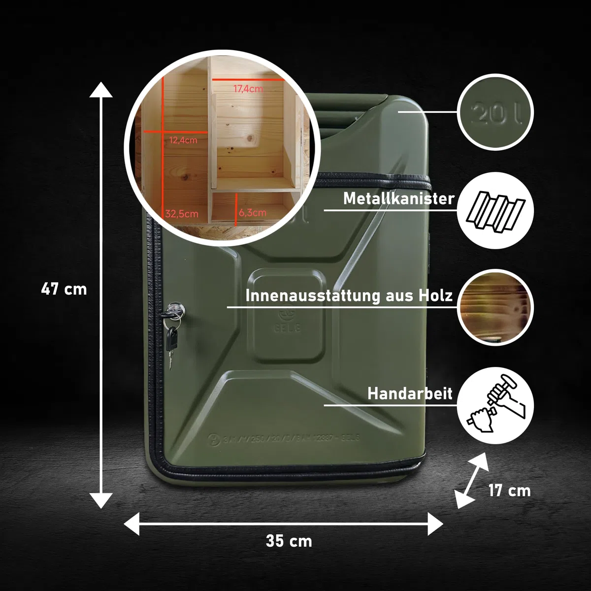 20L Kanister Mini Bar Premium I Maximal personalisierbar mit Gravur & LED Beleuchtung I 3 Gläser I Jerrycan I Mobile Kanister Bar Geschenk für Männer I Abschließbare Minibar I Bier Geschenk