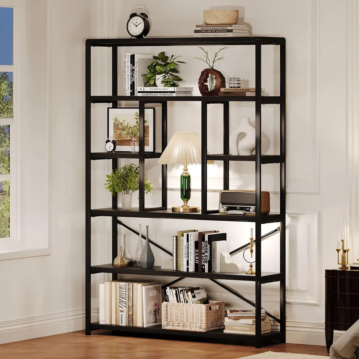 LVB Bücherregale mit 6 Ebenen Regale Wohnzimmer Standregal Industrie Bücherregale für Wohnzimmer Arbeitszimmer Küche 120 x 30 x 180 cm Regal Vintagebraun Schwar