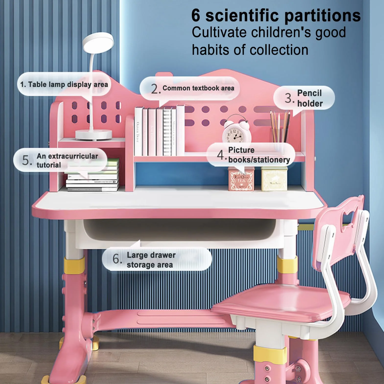 Kinderstühle und -tische, höhenverstellbar, Rosa, Heimschule, Schreibtisch mit Schubladen und Ablagefächern, Lesen/Lernen/Schreiben