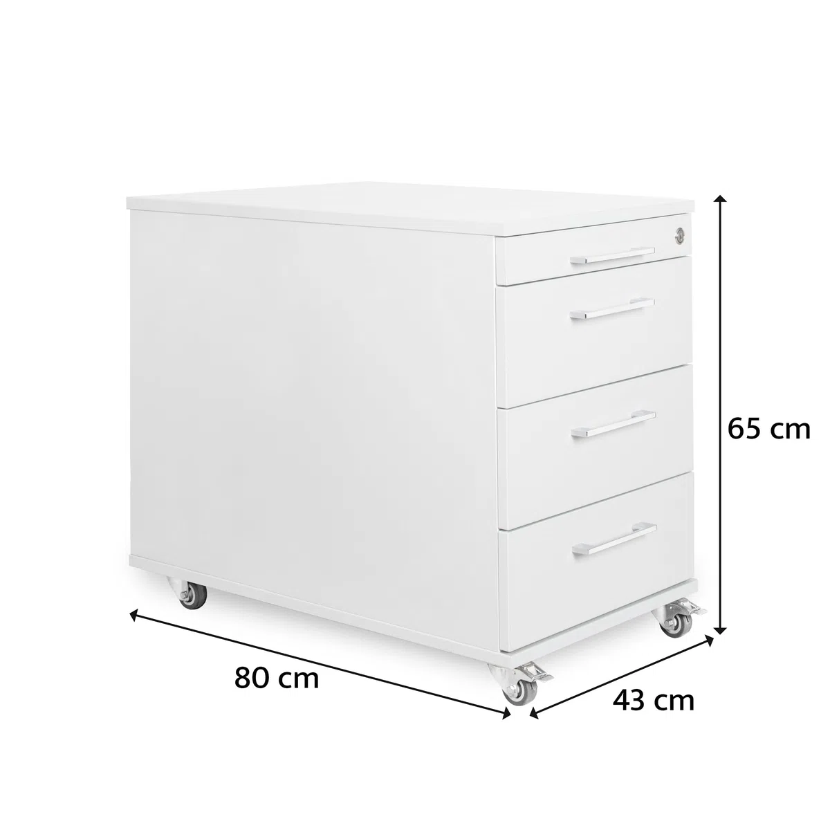 Eigentlich Rollcontainer 80 cm tief, 3 Schubladen und Materialauszug, Rollschrank B43xT80xH65 cm abschließbar, Schreibtischunterschrank versch. Farben (Korpus Weiß, Front Buche)