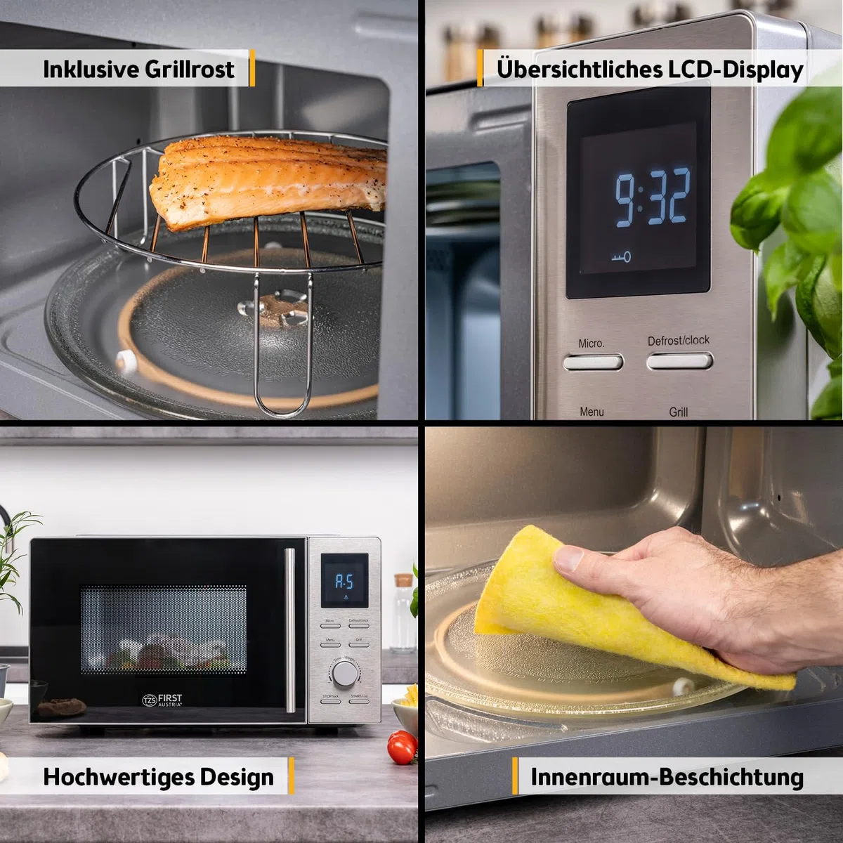 TZS First Austria - Mikrowelle mit Grill - 2-in-1 Mikrowellenofen - 20 Liter - 700 W Mikrowelle & 800 W Grill - Schnellstart - 8 Programme - LCD-Display - Edelstahl