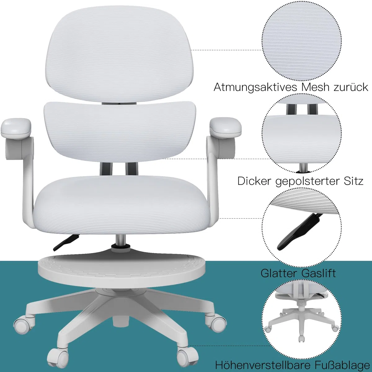 JOYLDIAS Schreibtischstuhl Kinder Ergonomischer, Kinderstuhl mit Verstellbarer Rückenlehne & Übergroß Fußablage, Bürostuhl Kinder Drehstuhl mit klappbarer Armlehnen, Stuhl Für Kinder & Jugendliche