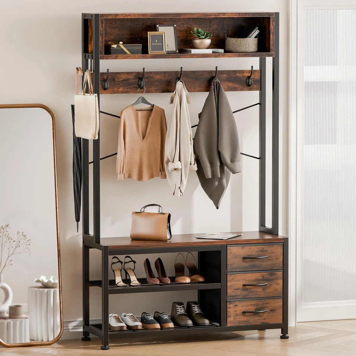 Garderobenständer mit Schuhablage, Garderobe mit Sitzbank, 12 Haken, 3 Schubladen und 1 Ablagefläche, Metallrahmen, 30 x 80 x 180 cm, für Flur Eingänge (Rustikal Braun)