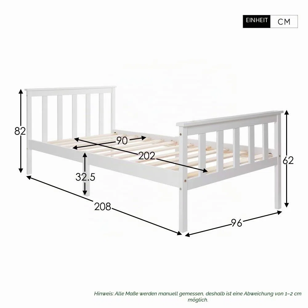 Merax Holzbett Einzelbett 90 x 200 cm, Weiß Massivholz Bettgestell mit Lattenrost und Hohem Kopfteil, Kinderbett Jugendbett Gästebett Rahmen Kiefer