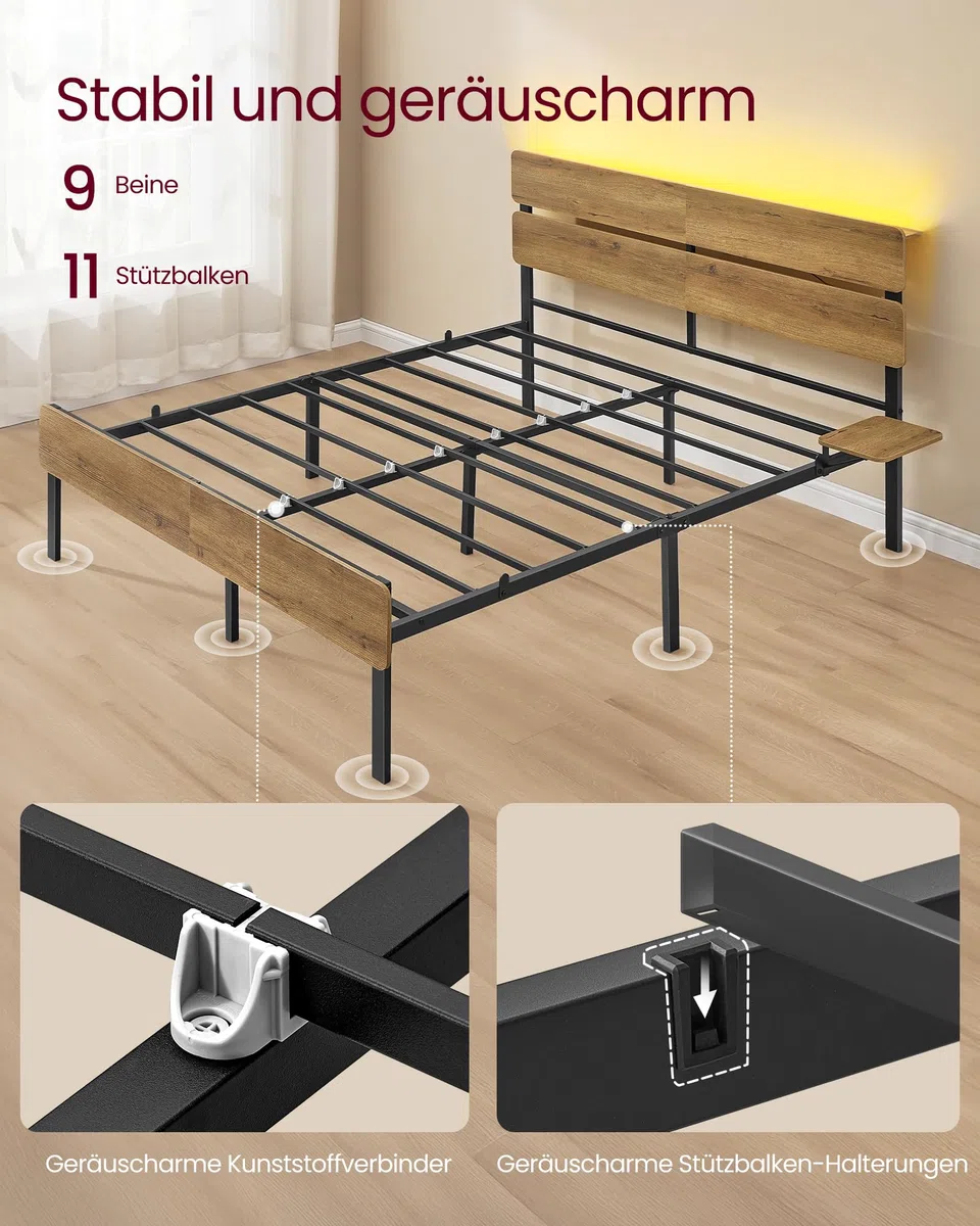 VASAGLE Doppelbettgestell, Bett, 140 x 200 cm, Metallrahmen, LED-Beleuchtung, USB-A- und USB-C-Anschluss, Unterbettaufbewahrung, Industrie-Stil, einfache Montage, naturbraun RMB104HC01