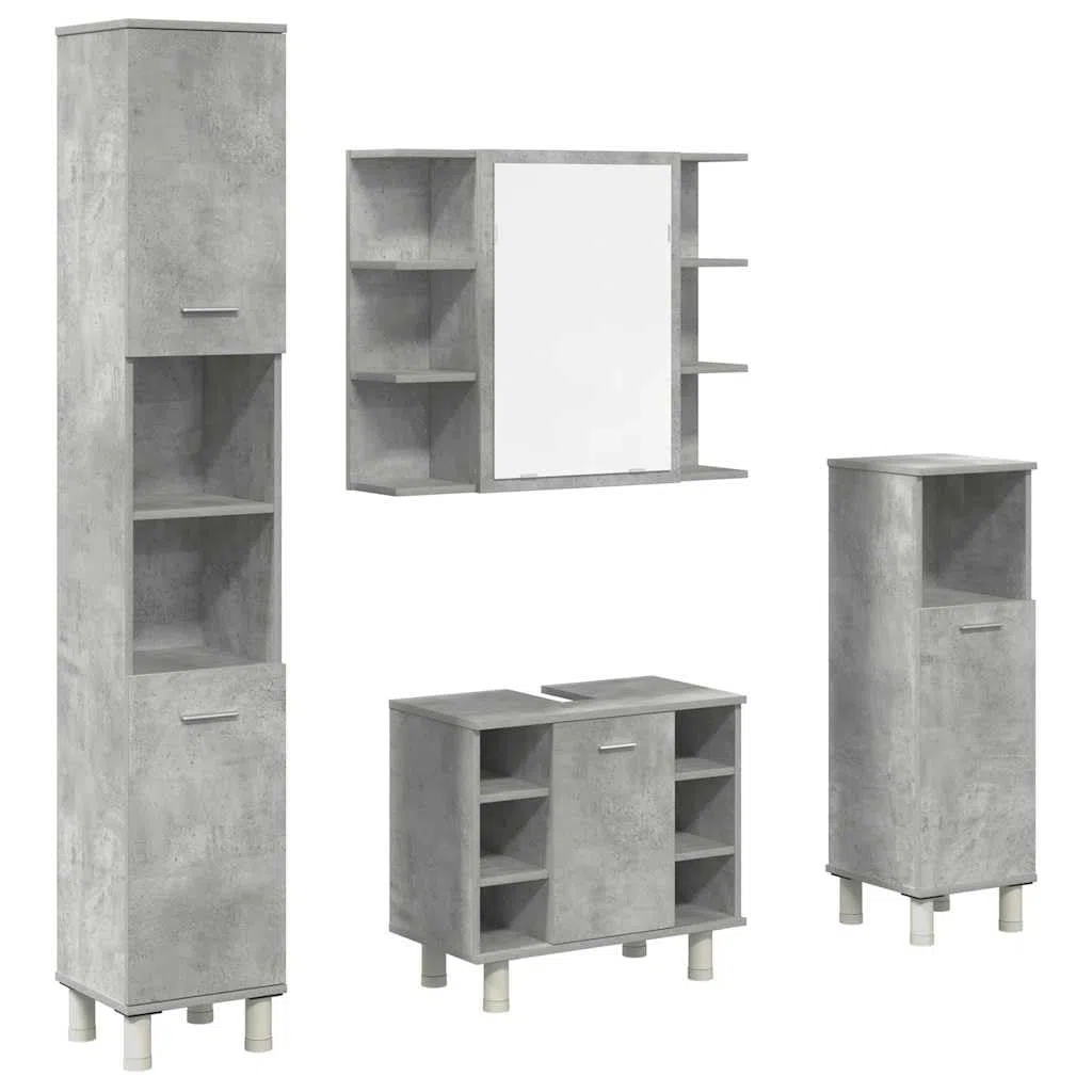 4-TLG. Badmöbel-Set Betongrau Holzwerkstoff Betongrau, Badezimmerschrank, Unterschrank Bad, Unterschrank
