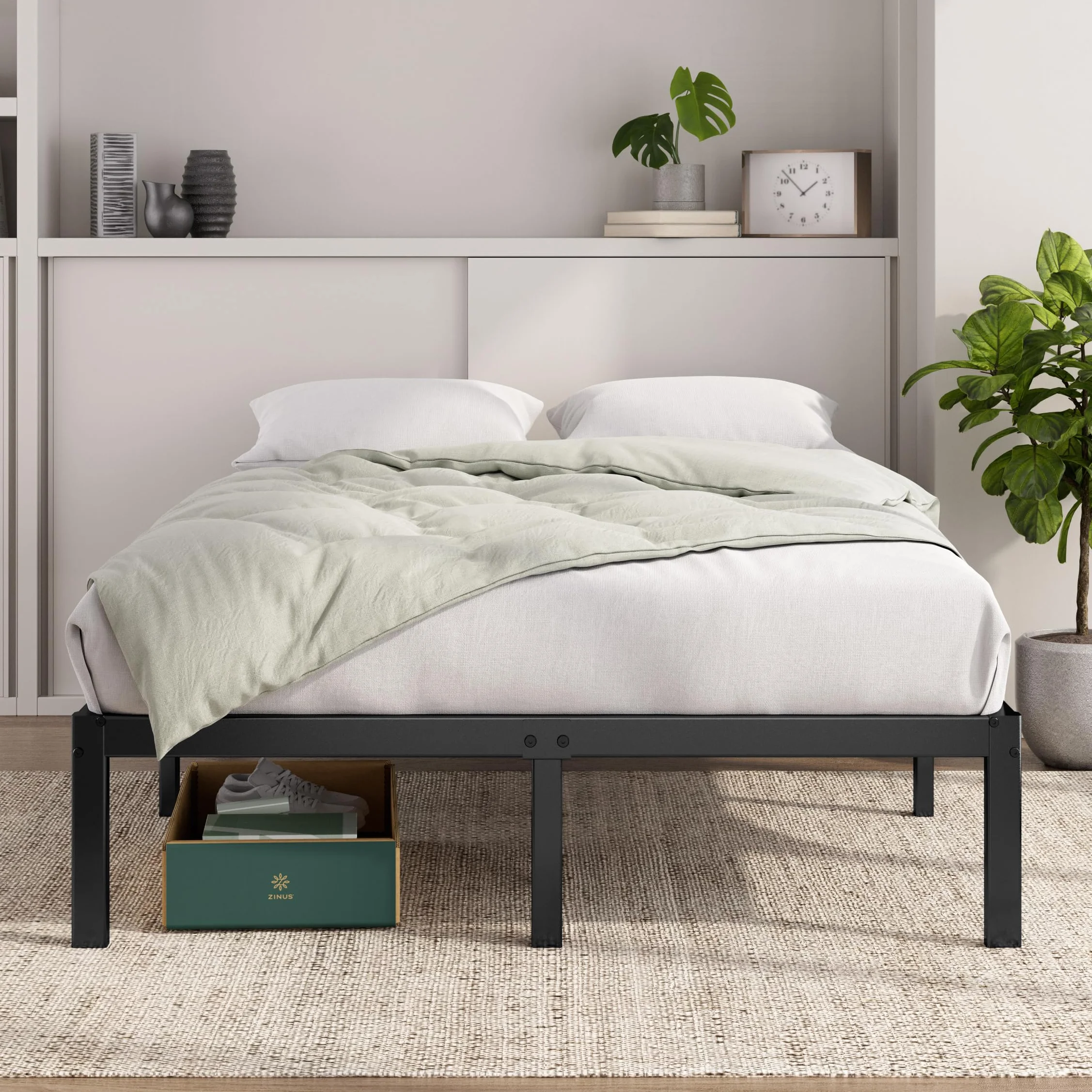 Zinus Elias Bettgestell 140x200 cm - Metallbett 140x200 mit Metall-Lattenrost - 36 cm Hohe Plattform mit Freiraum Darunter - Kein Boxspringbett Erforderlich - Einfache Montage - Schwarz