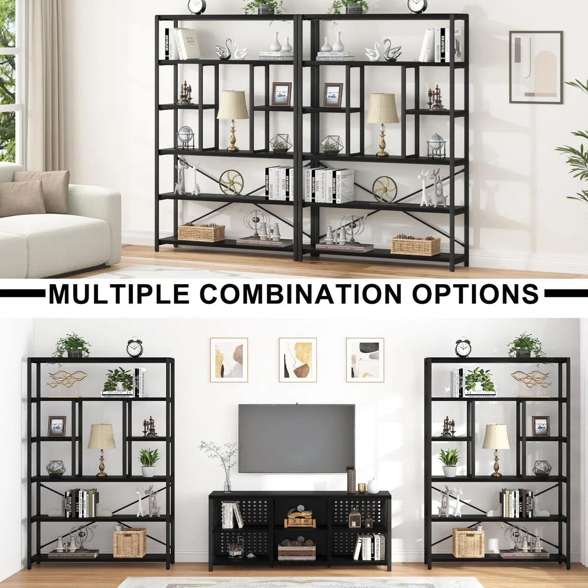 LVB Bücherregale mit 6 Ebenen Regale Wohnzimmer Standregal Industrie Bücherregale für Wohnzimmer Arbeitszimmer Küche 120 x 30 x 180 cm Regal Vintagebraun Schwar