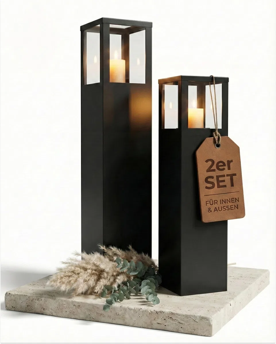 BENTSON Windlichtsäule Anthrazit Design I 2er Set I Deko-Säule für Garten im Industrial Design I Garten Windlicht für draußen und drinnen I Laterne draußen I Eckig I 95cm + 75cm