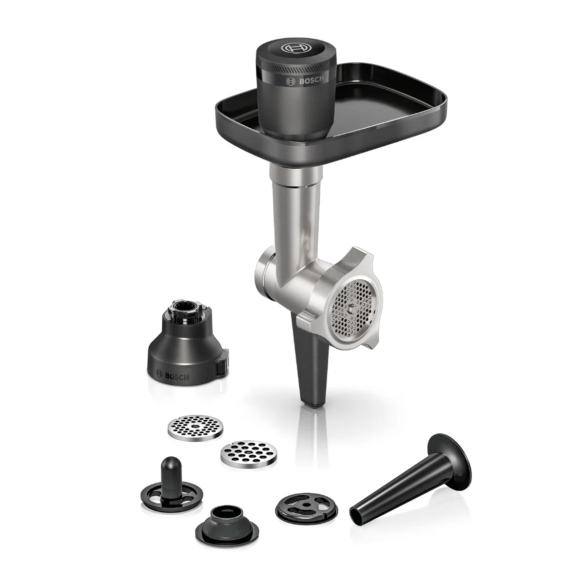 Bosch Zubehör-Set MUZS6HA, passend für Küchenmaschine Serie 6, Fleischwolf, Lochscheibe 8 mm, Lochscheibe 3 mm, Wurstfüller-Aufsatz, Kebbe-Aufsatz, Adapter