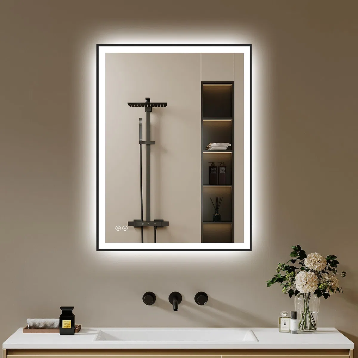 Badspiegel-mit-Beleuchtung 40x60 - Badezimmerspiegel LED Badezimmer Spiegel mit Beleuchtung - Beschlagfrei, Dimmbar, 3 Lichtfarben, Wandspiegel Led-Spiegel-Bad Schwarz Metallrahmen Horizontal/Vertikal