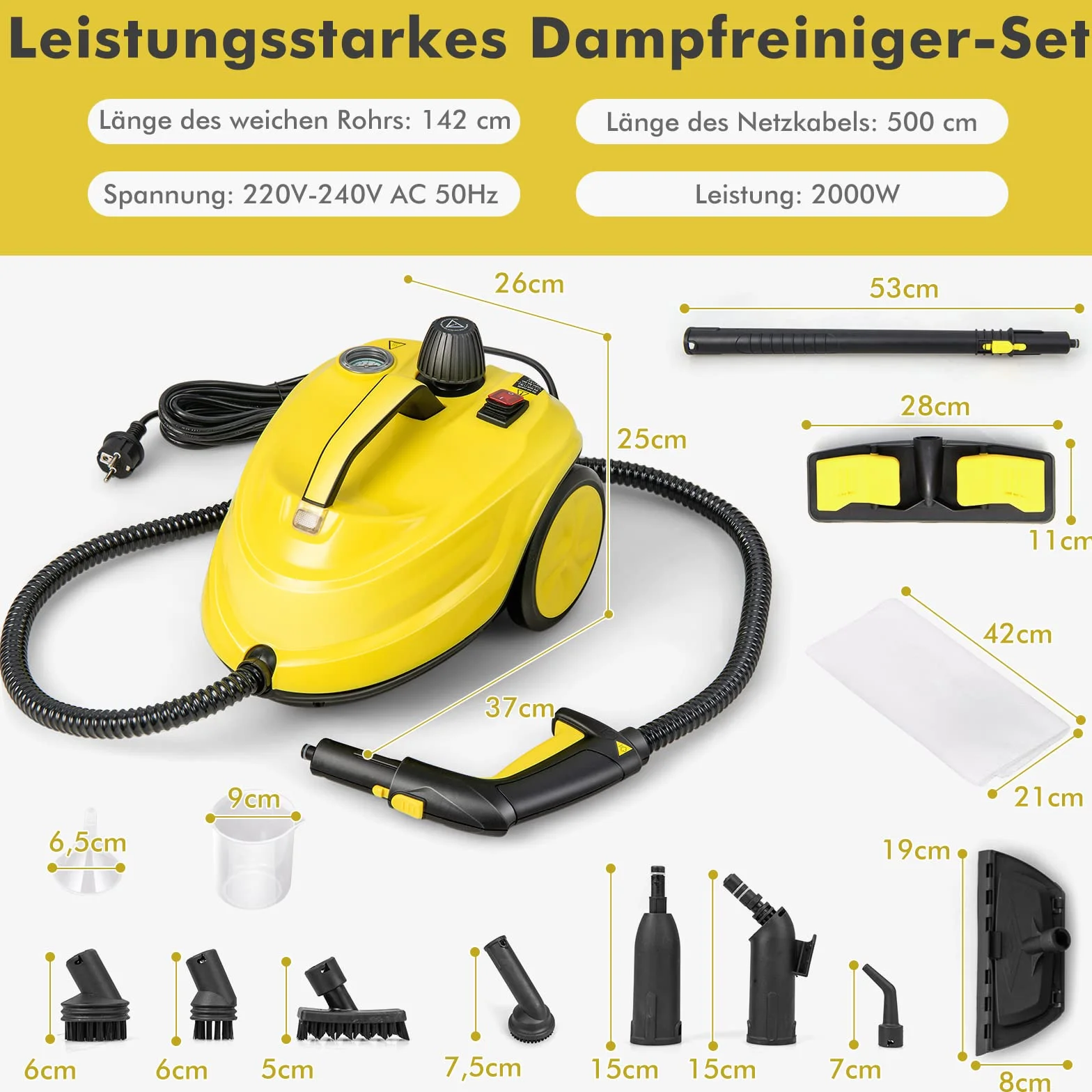COSTWAY Dampfreiniger 2000W, Dampfdruck: max. 5 bar, Temperatur bis zu 160℃, Flächenleistung: 108 m², 1,8L Tank, Aufheizzeit: 8 Min., Dampfgeräte inkl. 13 Zubehör & 5m lange Netzkabel (Gelb)