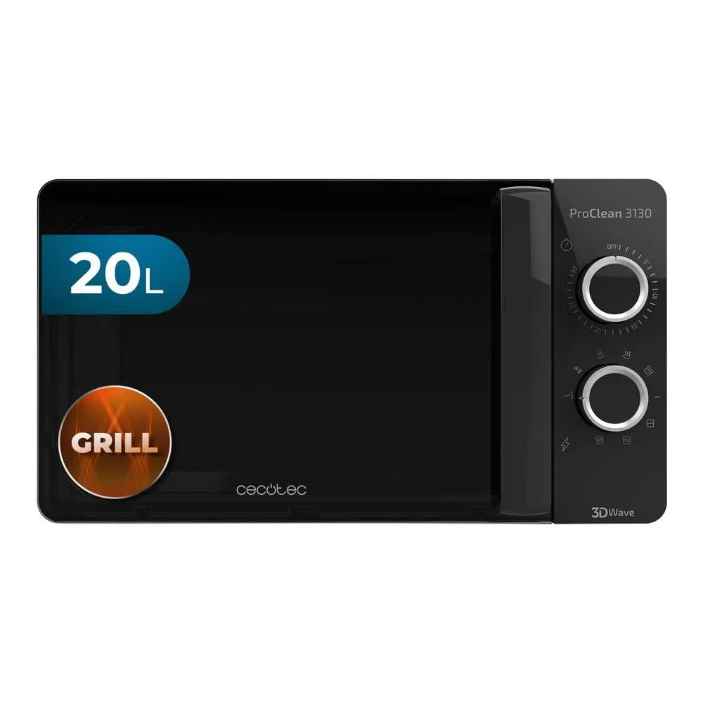Cecotec Pro Clean 3130 Mikrowelle 700 W Quarz Grill 800 W Garraum 20 L Hochpollierte All Black Frontspiegeltür Innenlicht 3D Wave Ready 2 Clean 30 Min Grarzeit Timer 6 Stufen 2 Drehregler In Schwarz