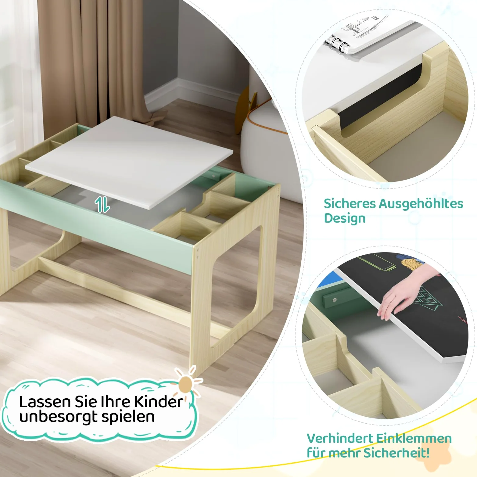 MAMIZO Kindersitzgruppe mit Stauraum, Kindertisch mit 2 PCS Stühlen, Kinder Tisch Stuhl Set mit wendbarer Tischplatte, Kinderschreibtisch für Kinderzimmer Kindertagesstätte,ab 3+, Holzfarbe mit Grün