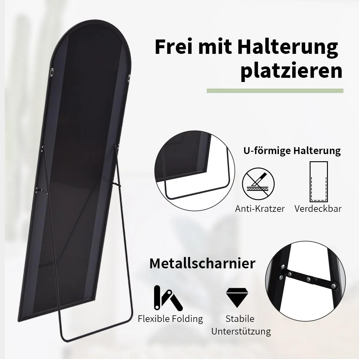 Koonmi Bogen Ganzkörperspiegel, 52 x 161 cm Gewölbter Standspiegel Groß in voller Länge, an der Wand montiert, lehnend, Bodenspiegel Ganzkörper als Ankleide Eitelkeitsspiegel für Wohnzimmer, Schwarz