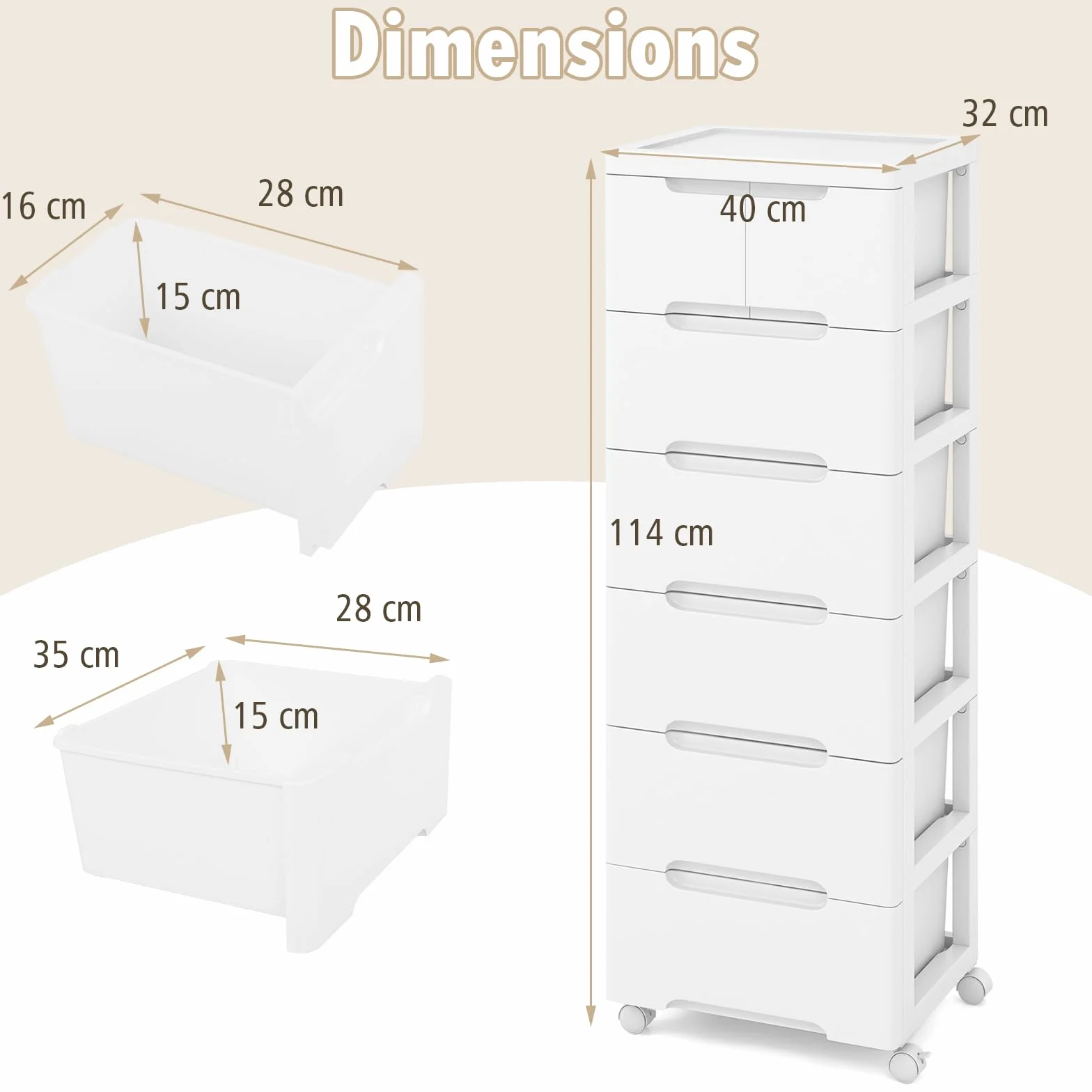 GIANTEX Nischenschrank mit Rollen, Nischenregal Nischenwagen mit 7 Schubladen, Schmaler Rollwagen Rollschrank Aufbewahrungsschrank, Badrollwagen kleiner Schubladenschrank 40 x 32 x 114 cm, Weiß