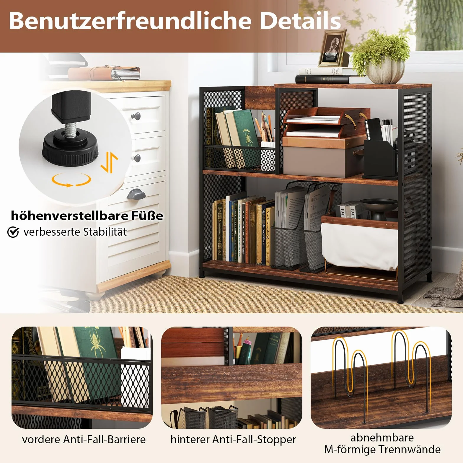 COSTWAY 3-stöckiger Plattenspielerständer für bis zu 300 Alben, Grammophontisch mit 3 herausnehmbaren Trennwänden und Metallrahmen, Vinyl-Präsentationsregal für Wohnzimmer (Braun)