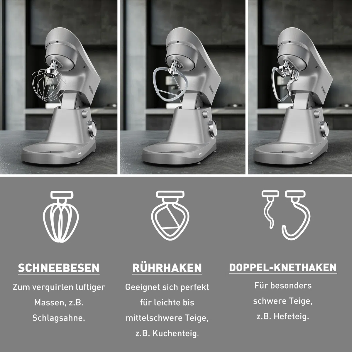 Heinrich´s Küchenmaschine, Knetmaschine, Teigmaschine, Rührmaschine, 1500W Küchengerät, Knethaken, Rührhaken, Schneebesen, 10 einstellbare Geschwindigkeiten, XL 6L Edelstahlschüssel,geräuscharm,silber