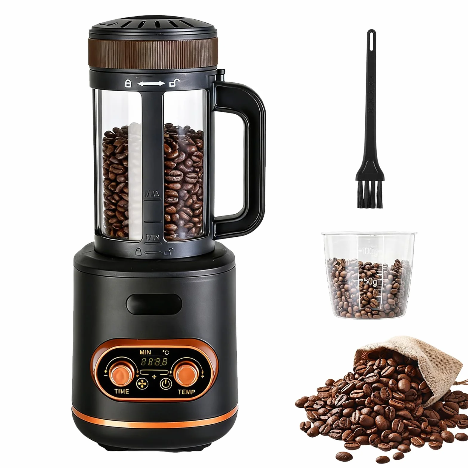 Heißluft Kaffeeröster 200g, 2200W Auto Röster Maschine für Kaffeebohnen, Geteilte Kaffeebohnentasse, Temp & Timer stufenlos regelbar, ideal für Zuhause und Café