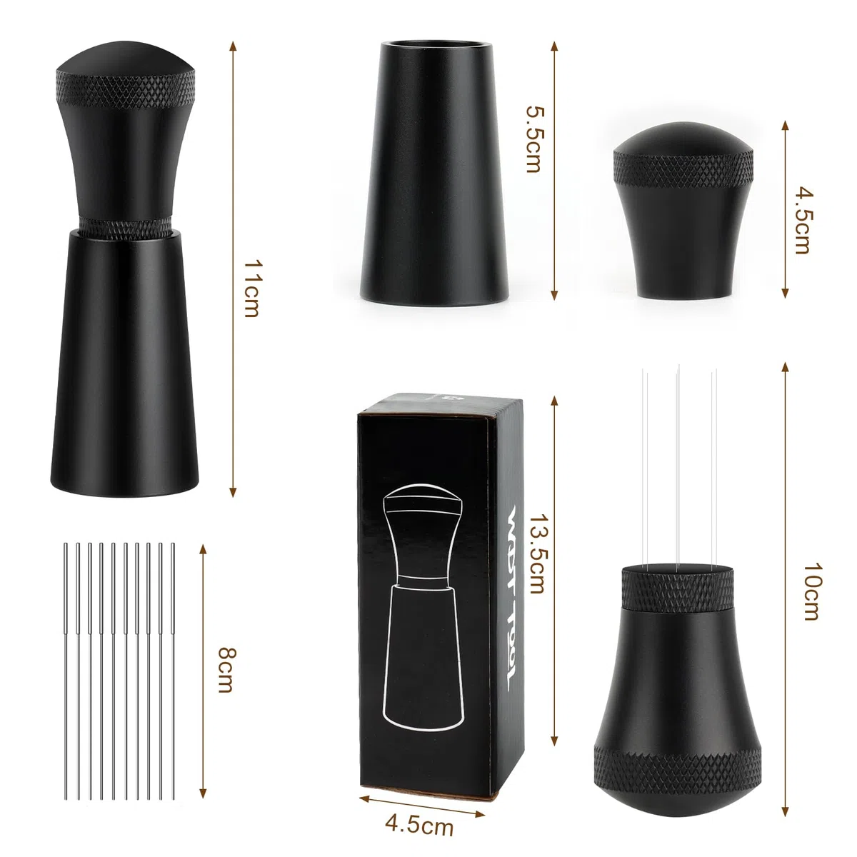 KEWUZY Wdt Tool, Espresso Coffee Distributor, Aluminium Espresso Kaffeerührer für Barista mit Ständer mit 7 0.3mm Dickem Edelstahl, KFBFZ