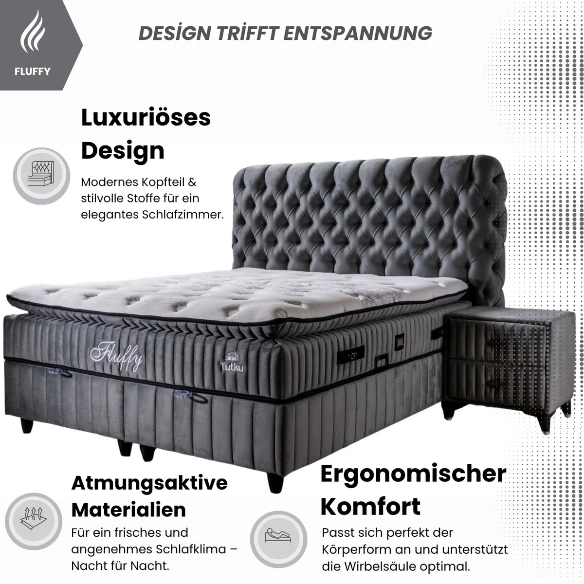 Fluffy Boxspringbett 180x200 cm mit Matratze & Bettkasten | Bett mit Stauraum - Komplettset mit 7-Zonen Orthopädischer Matratze mit Topper – Allergenfrei, Atmungsaktiv | Liegehöhe 67 cm (Grau)