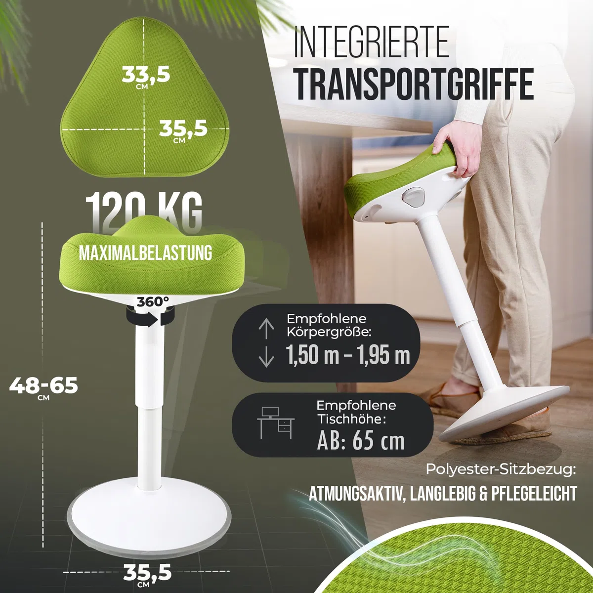 SH-01S Bürohocker Ergonomisch [IGR Zertifiziert] | Sitzhocker ergonomisch höhenverstellbar [47-65 cm]| Ergonomischer Hocker für Arbeit & Freizeit | Schwingeffekt [rutschfest] (Grün)