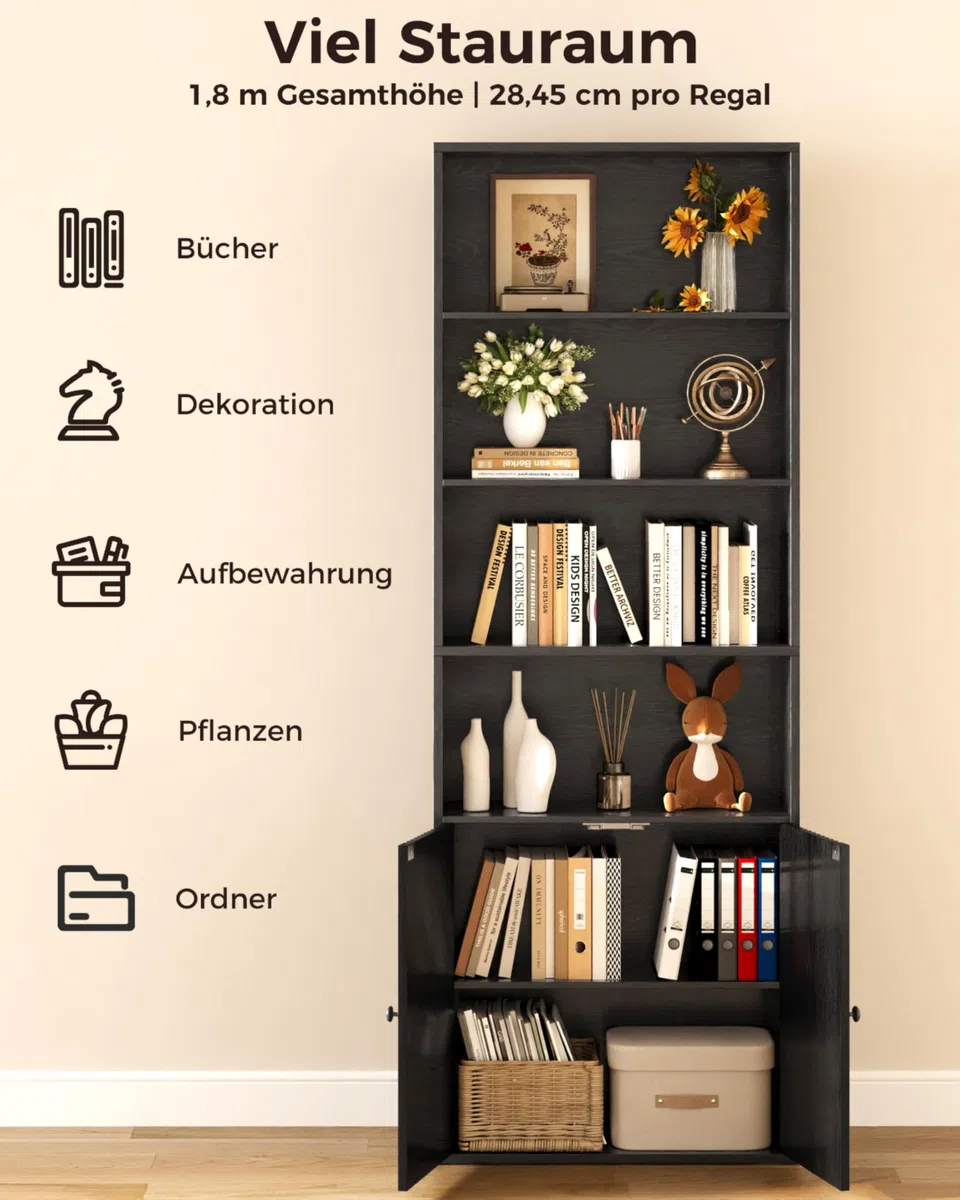 IRONCK Bücherregal mit Türen, Standregal mit 6 Ebenen, Holz Regal mit Türen, Bücherschrank, offenes Aufbewahrungsregal für Arbeitszimmer, Büro, Wohnzimmer, Schlafzimmer 180 x 60 x 23.5cm (schwarz)