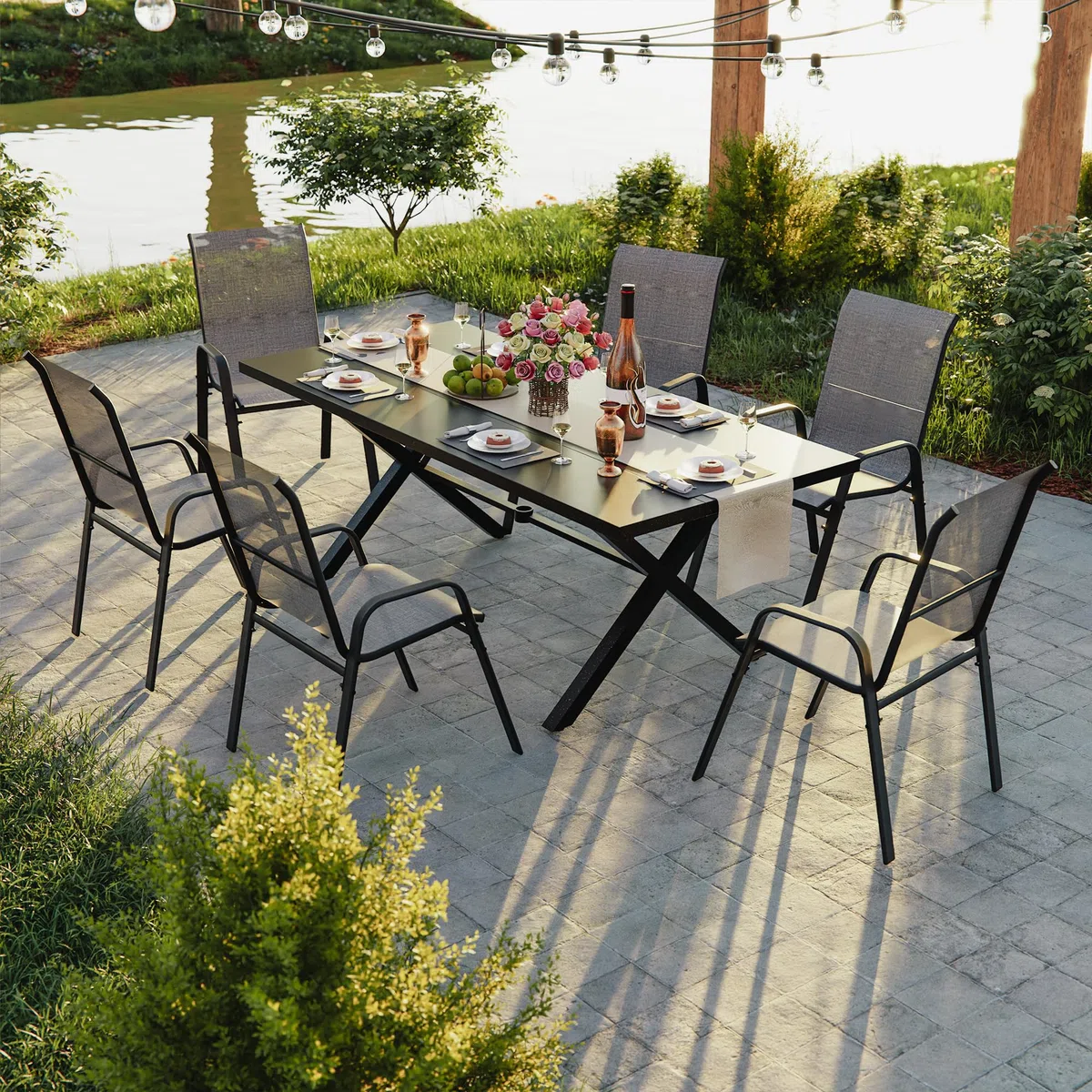 2026 Aufwertung Hochlehner 6er Set Gartenstühle wetterfest, Stapelbar Terrassenstühle Sitzgruppenstühle mit hoher Rückenlehne & atmungsaktivem Textilen, Ideal für Garten, Balkon, Terrasse und Camping