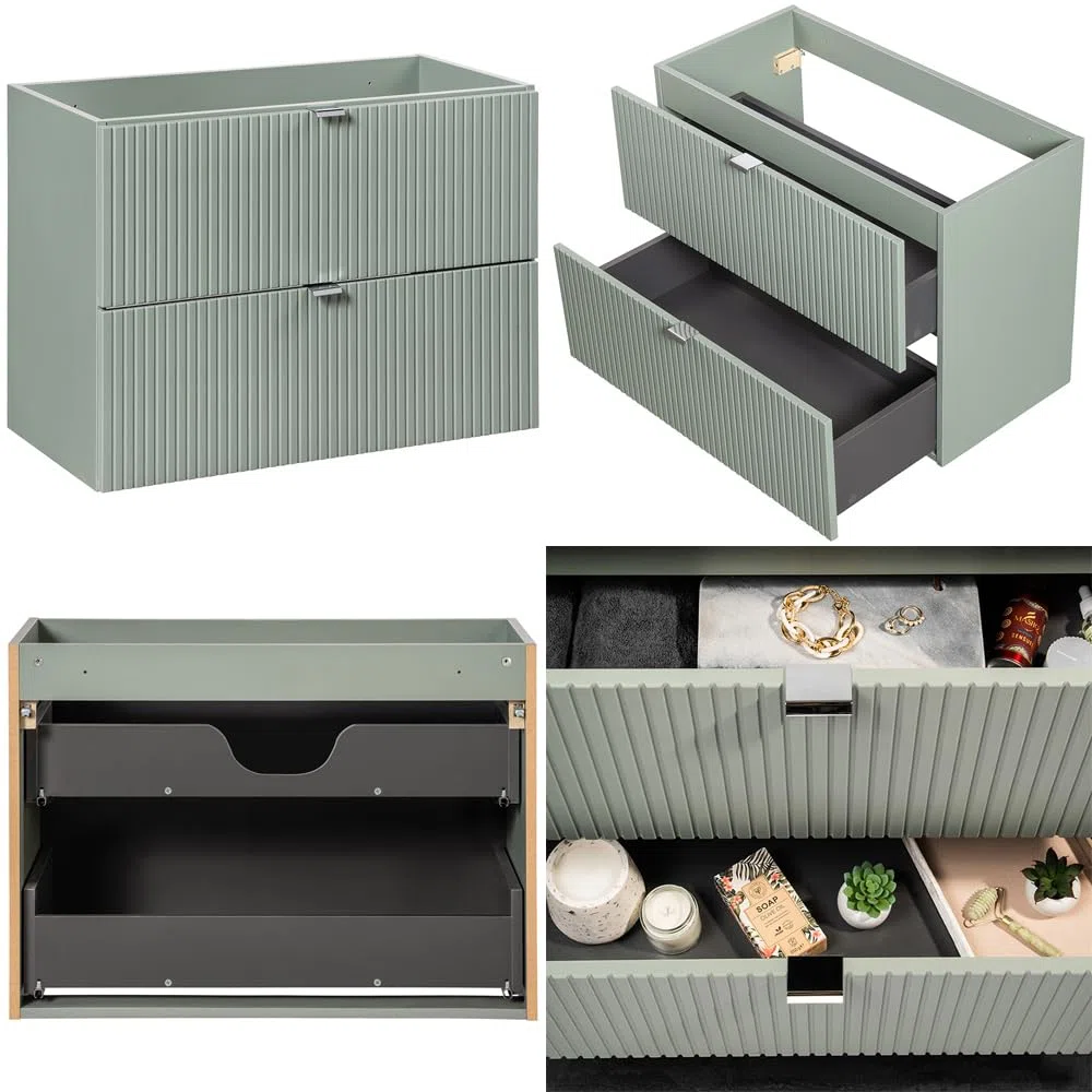 Lomadox Badmöbel Set 6-teilig mit 80cm Waschtisch, grün und Eiche, gerillte Front, hängende Montage, geringe Tiefe 40cm