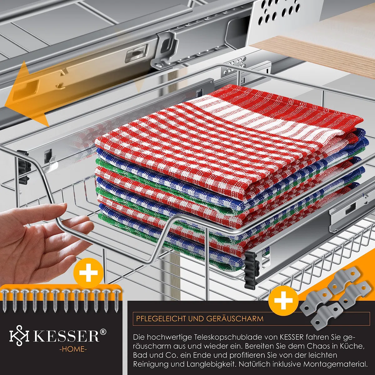 KESSER® Teleskopschublade 3er Set 60cm Schrankbreite verchromt aus Edelstahl Schubladeneinsatz für Küchenschrank Korbauszug Schrankauszug, Silber