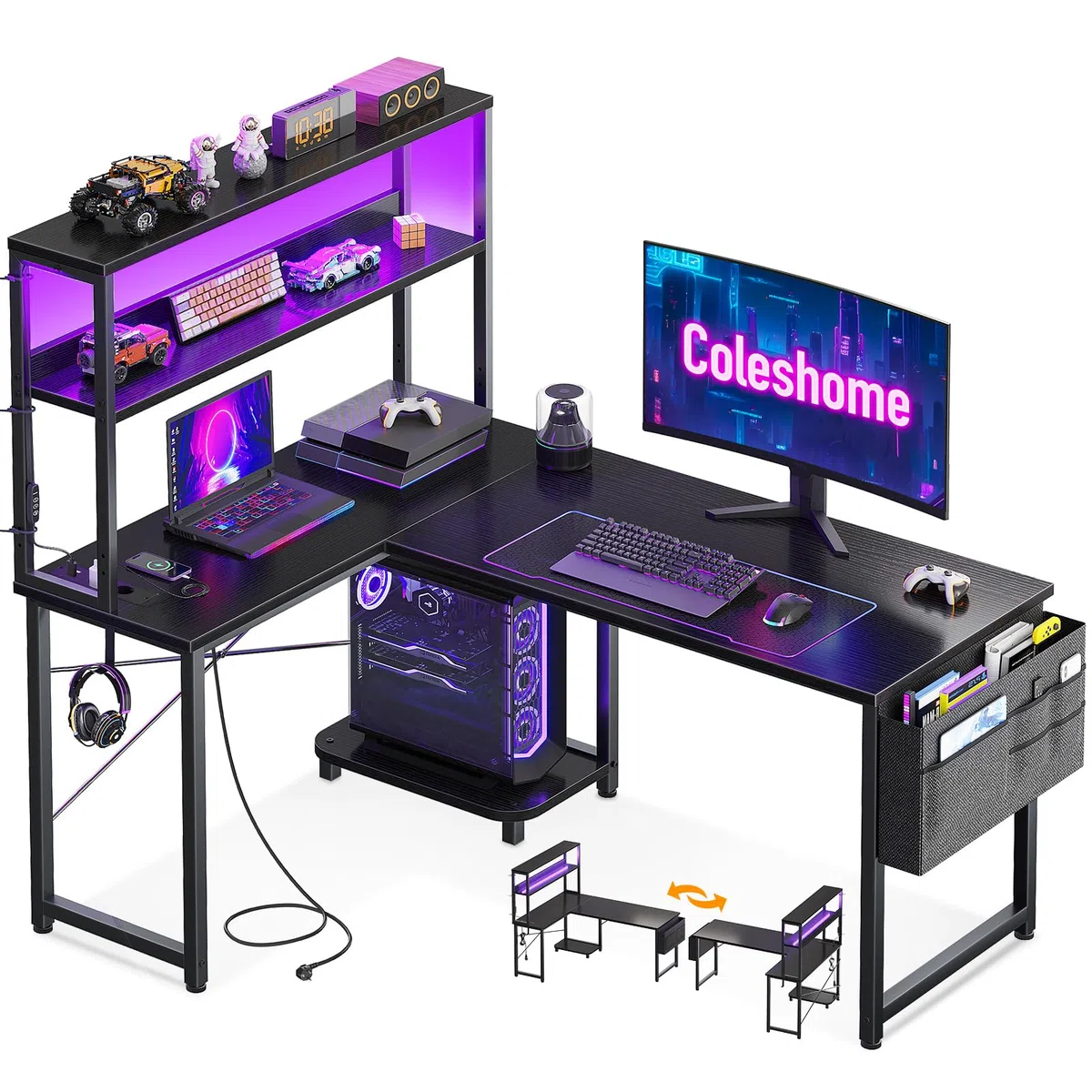 Coleshome Gaming Tisch L Form mit LED & Steckdosen, 110 × 80 cm Reversibel Gaming Schreibtisch mit Ablageregalen, Eckschreibtisch mit Aufbewahrungstasche für Homeoffice und Gaming, Schwarz