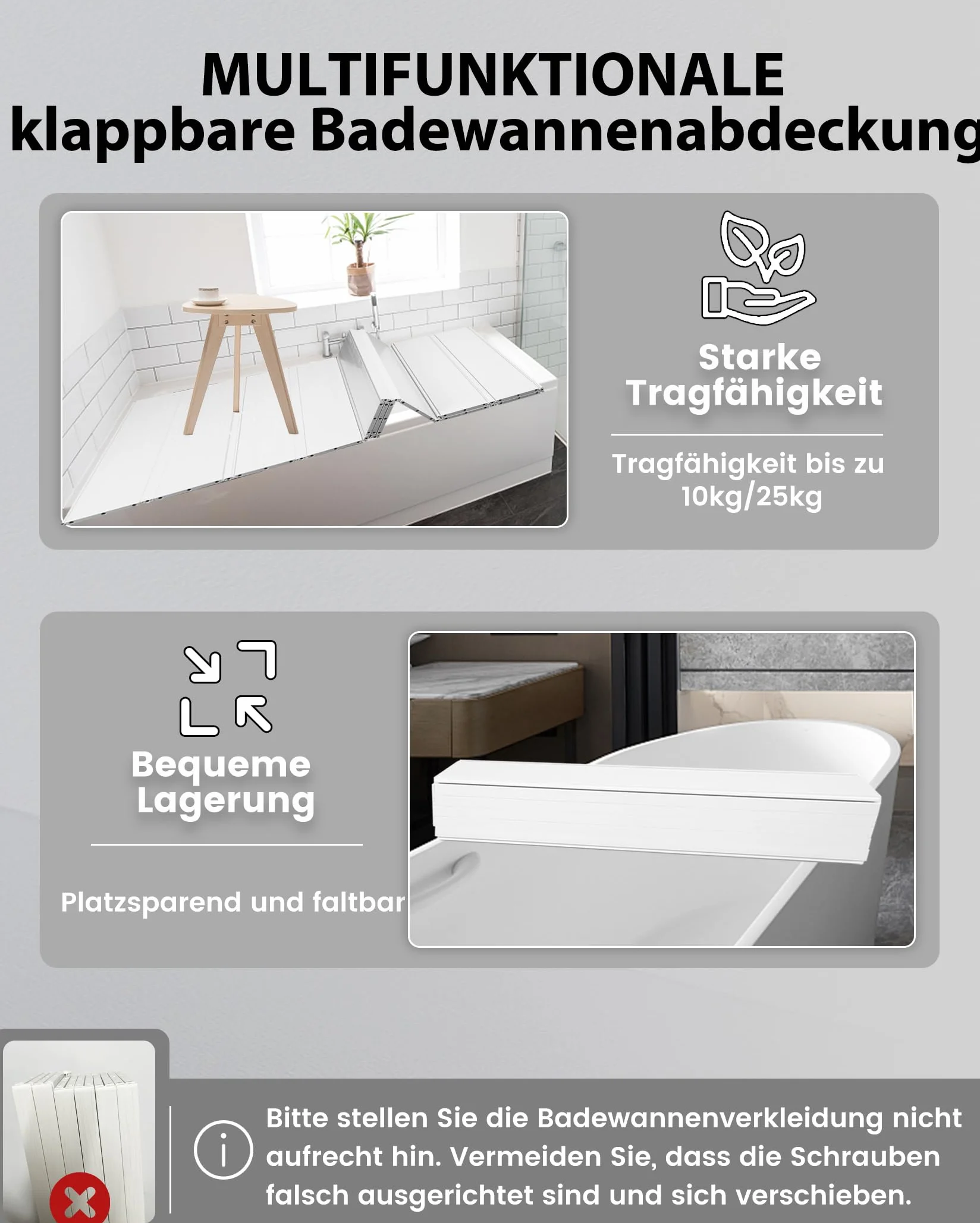80x180cm Badewannenabdeckung bis 10kg Belastbar - 12mm Badewannenbretter Faltbare Badewannenablage Dämmplatte Staubdicht Wasserdicht für Haus Badewannen Badezimmer SPA Weiß