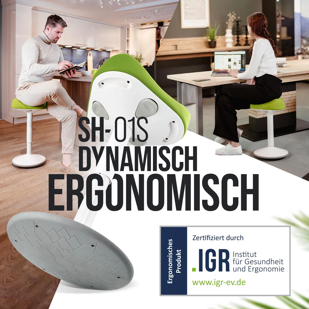SH-01S Bürohocker Ergonomisch [IGR Zertifiziert] | Sitzhocker ergonomisch höhenverstellbar [47-65 cm]| Ergonomischer Hocker für Arbeit & Freizeit | Schwingeffekt [rutschfest] (Grün)