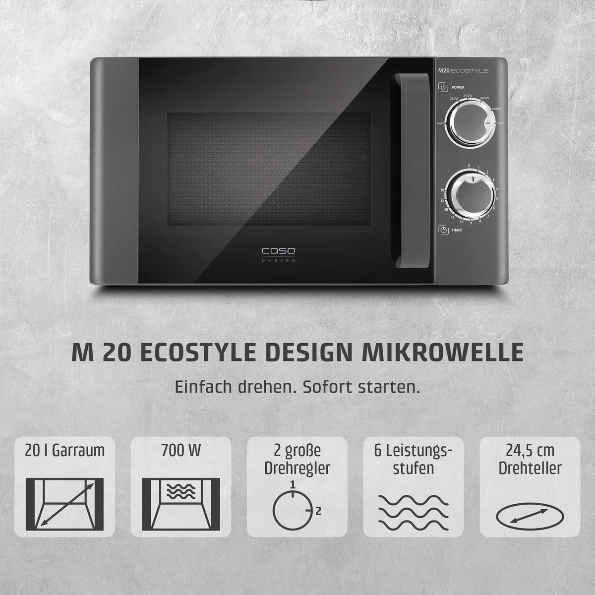 CASO M20 Ecostyle, Mikrowelle, 20 L Garraum, 700 Watt Leistung, anthrazit | einfache Bedienung, Drehteller Ø 24,5cm