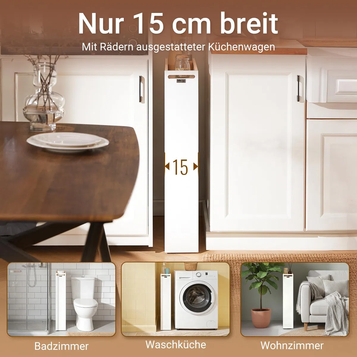 SoBuy Nischenschrank 15 cm Breit Rollwagen Schmal Küchenregal mit Rollen, Platzsparendes Nischenregal für Küche & Badezimmer, Ideale Lösung für kleine Räume, Apothekerschrank Küche 80x50x15 cm NSR12-W