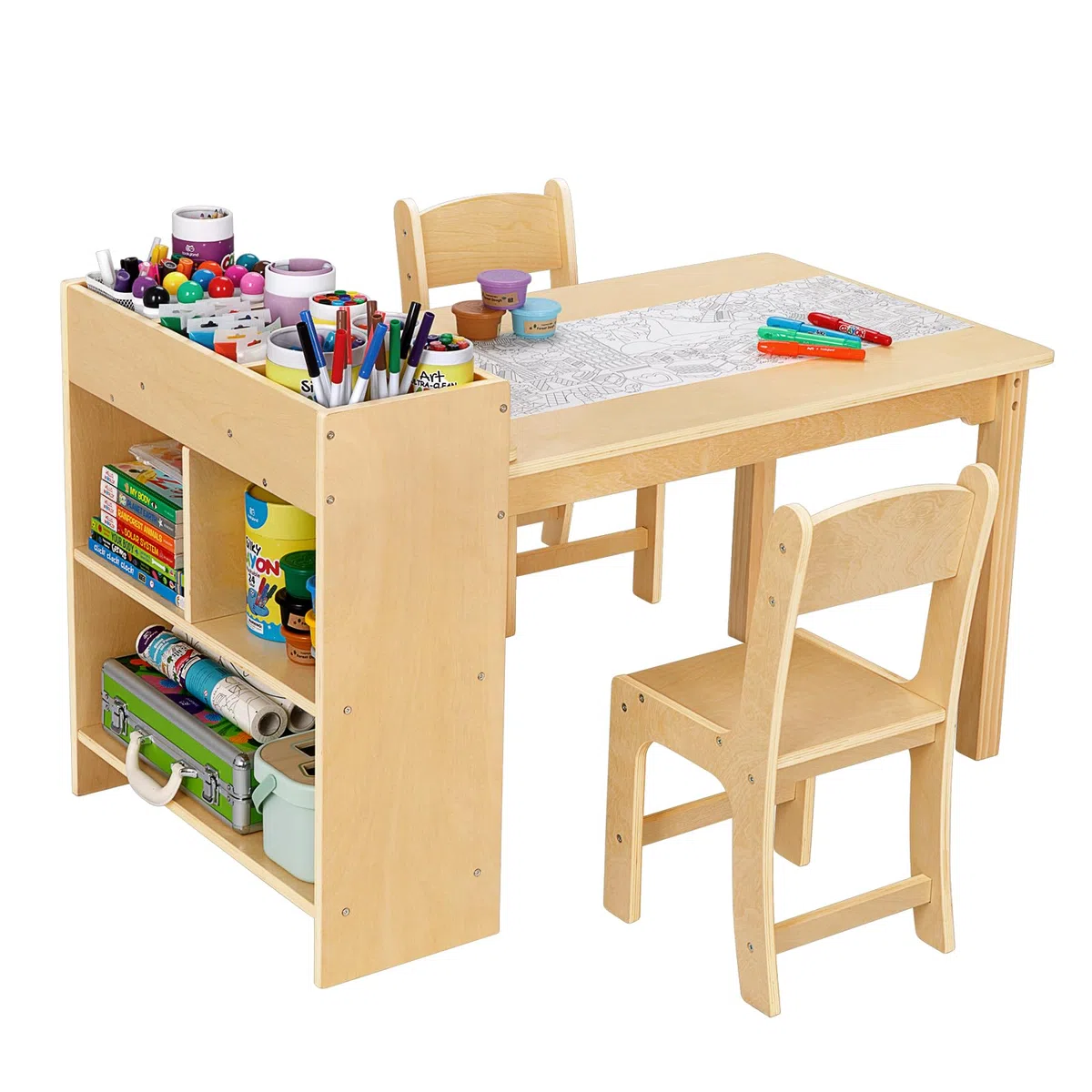 OOOK Kindertisch mit 2 Stühlen, Basteltisch Kindersitzgruppe mit Stauraum aus Holz, Aktivitätstisch Maltisch für Kinderzimmer, Klassenzimmer, Kindergarten