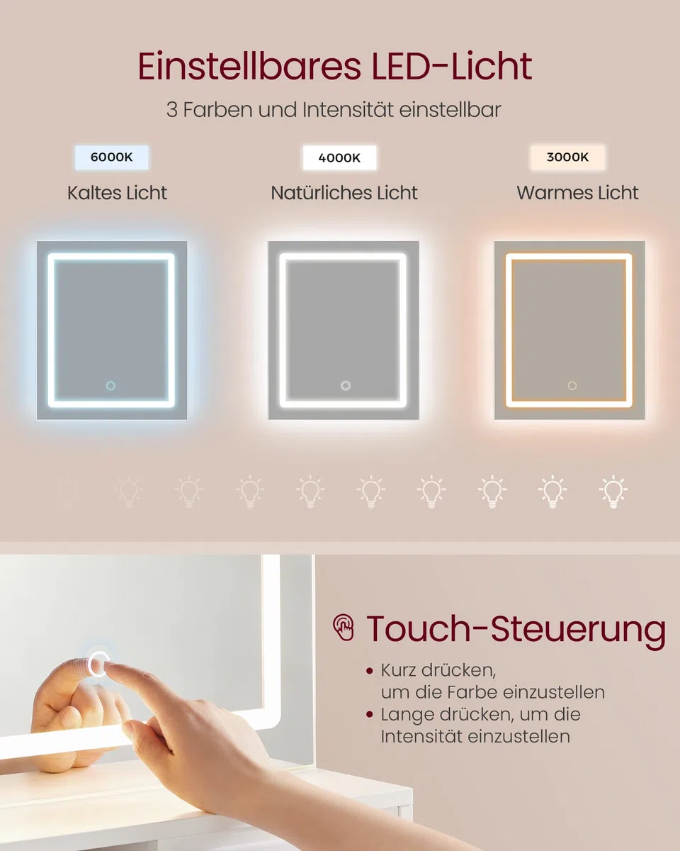 VASAGLE Kailyn Kollektion - Schminktisch, Frisiertisch mit LED-Spiegel und Steckdosenleiste, Kosmetiktisch, Schublade und offene Ablagen, Schrank mit 2 verstellbaren Ablagen, weiß RDT138W01
