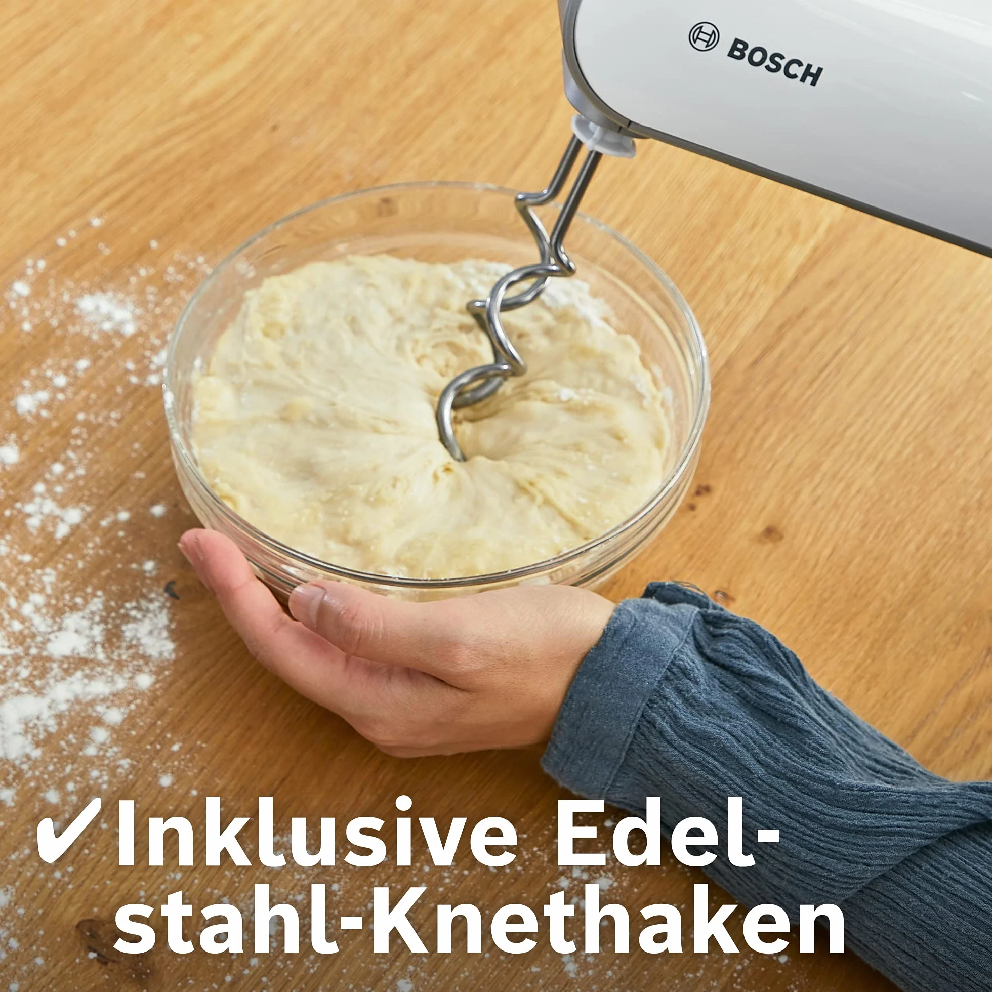 Bosch Handrührer Styline MFQ4075DE, 2 Rührbesen, 2 Edelstahl-Knethaken, spülmaschinengeeignet, Pürierstab, Mixbecher, 5 Stufen plus Turbostufe, 550 W, weiß/silber