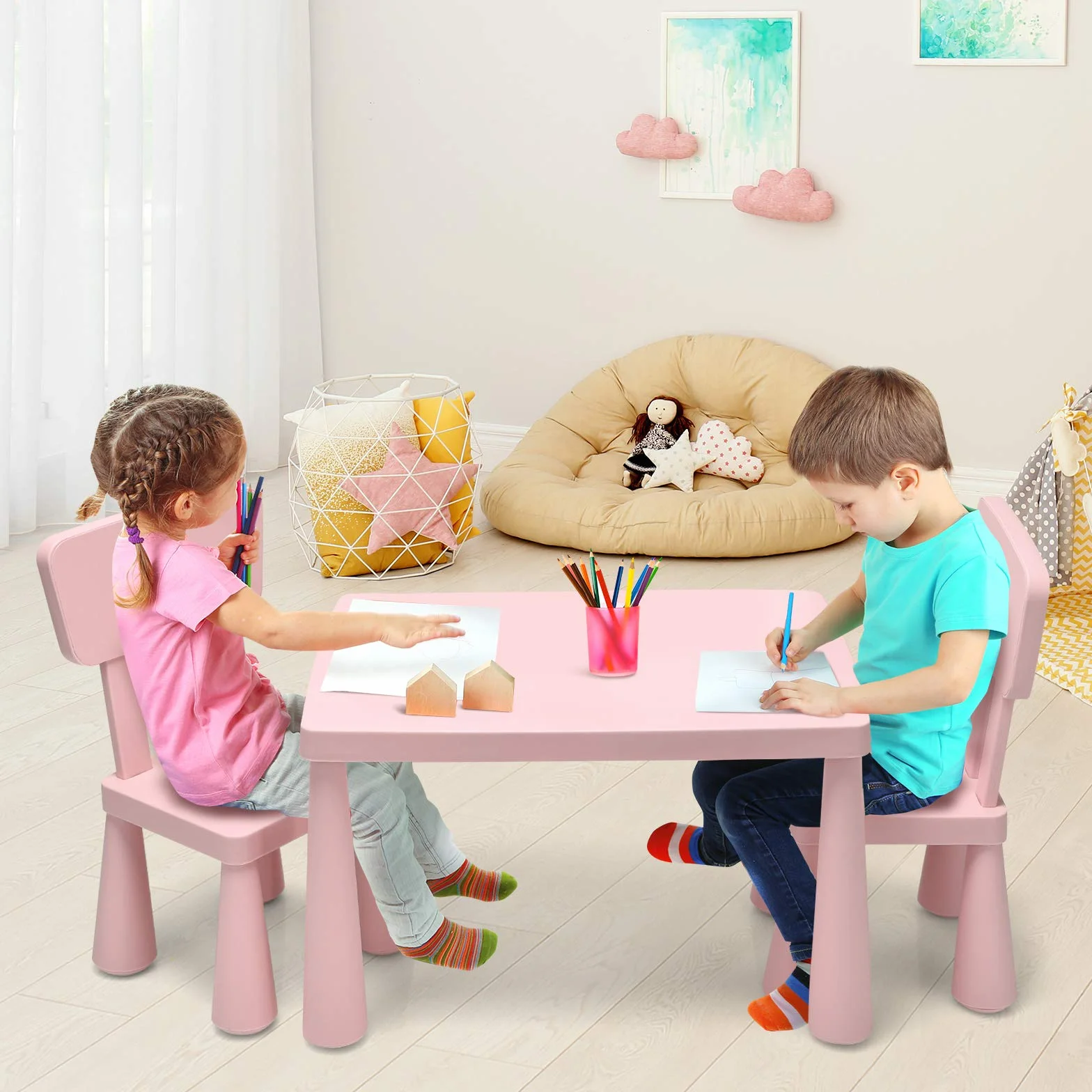 LIFEZEAL Kindertisch mit 2 Stühlen, Niedliche Kindersitzgruppe aus Kunststoff, Kindermöbel mit Rückenlehne & Runden Kanten, Kindertisch und Stuhl Set für Mädchen & Jungen (Rosa)
