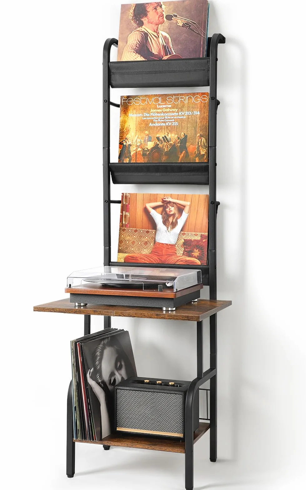 Bikoney Plattenspieler Schallplatten Aufbewahrung PlattenspielerStänder Schallplattenspieler-Tisch mit Vinyl-Schallplatten-Aufbewahrung für bis zu 200 Alben Schallplatten Wandhalterung Vinyl Display