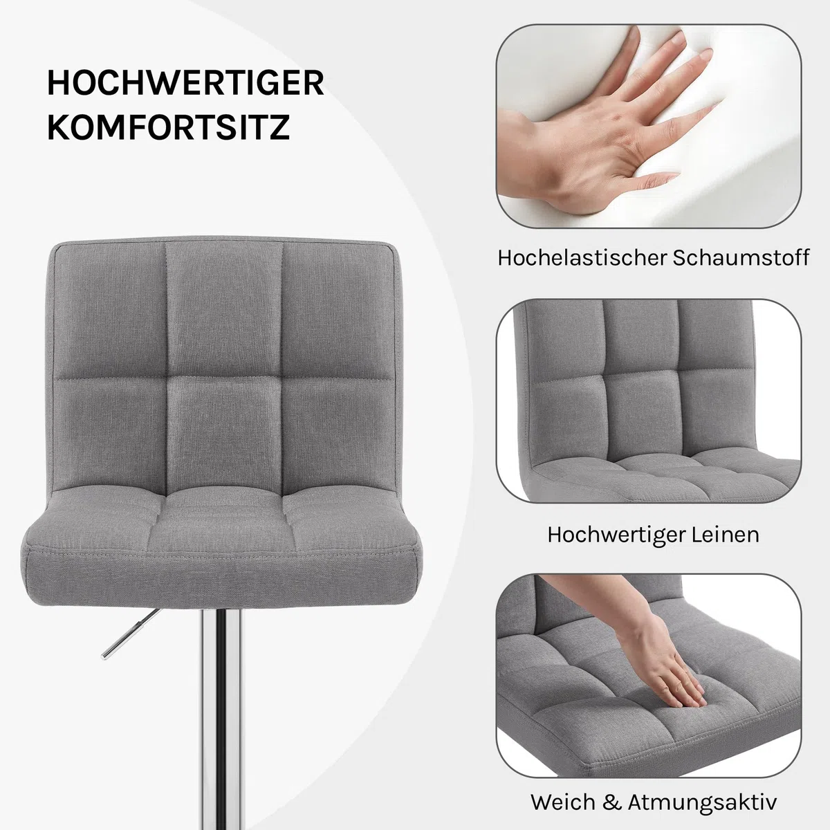 WOLTU Barhocker 2er Set Barstühle HellGrau, Höhenverstellbar, Drehstühle, Küchenstühle mit Rückenlehne und Fußstütze, Robuster Metallrahmen, gemütliche feines Leinen weiche Sitzfläche