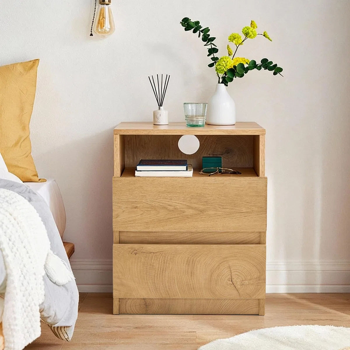 Mingone 2er-Set Nachttische mit 2 Schubladen,Nachtschrank aus Holz,Beistelltisch mit Stauraum Holzfarben für Wohnzimmer, Schlafzimmer