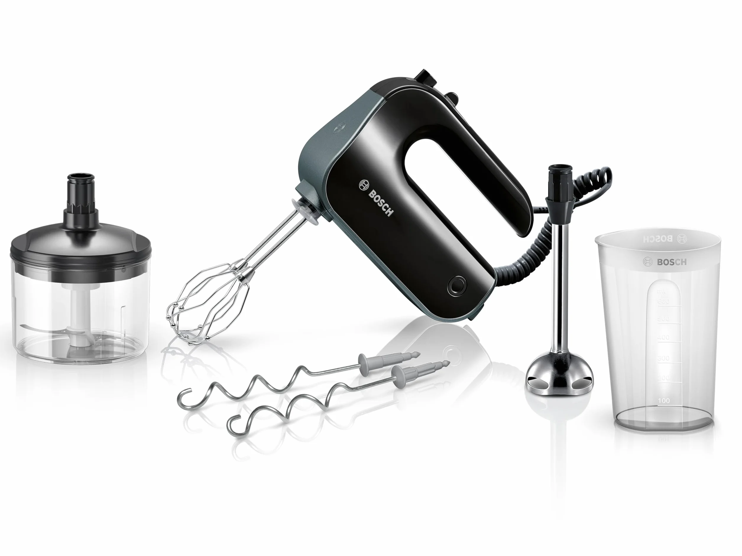 Bosch Handrührer Home Professional Styline MFQ4980B, 5 Stufen, 2 Edelstahl Rührbesen- und Knethaken, Mixstab Edelstahl, Universalzerkleinerer, 850 W, schwarz/dark silver