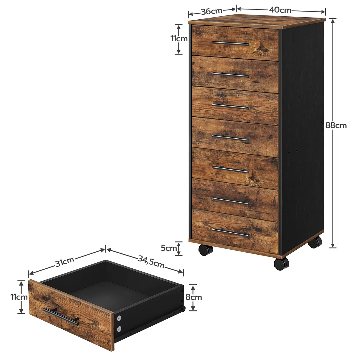HOOBRO Rollcontainer mit 7 Schubladen, Aktenschrank, Holz Büroschrank, Büromöbel mit Schubladen, Aufbewahrungscontainer, für Büro, Arbeitszimmer, Einfache Montage, Vintagebraun und Schwarz EBF07WJ01