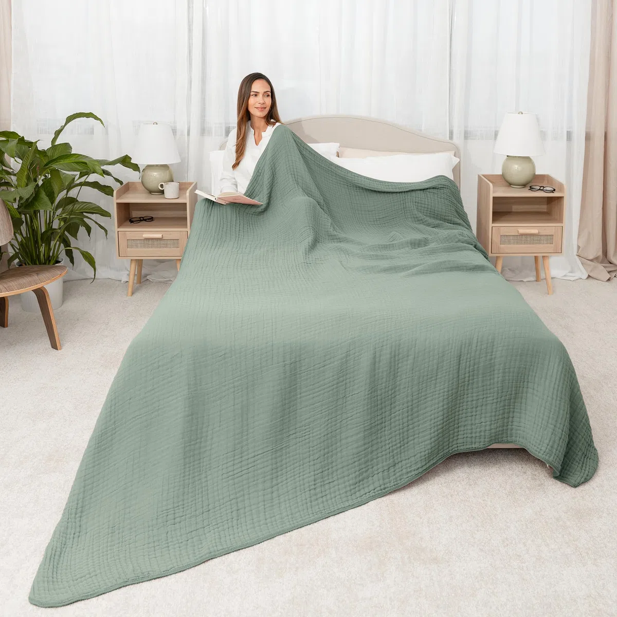 Musselin-Decke für Erwachsene, extra groß, King-Size-Größe, 279 x 228 cm, 6-lagig, kühlende Baumwolle, weich, atmungsaktiv, warm, Überwurf für Schlafzimmer, Wohnzimmer, Couch (Farn, King – Musselin)